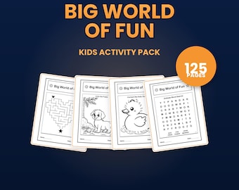 Könnte beinhalten: Ein Kinder-Aktivitätenpaket mit dem Titel Big World of Fun mit 125 Seiten. Es enthält vier weiße Seiten mit schwarzen Strichzeichnungen: ein herzförmiges Labyrinth, eine Welpen-Malvorlage, ein Enten-Punkt-zu-Punkt-Bild und ein Tier-Suchrätsel für 4-8-Jährige.
