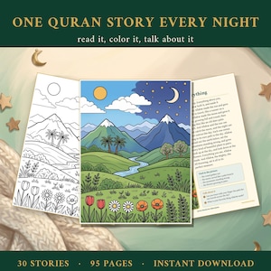May include: A book titled One Quran Story Every Night with 95 pages and 30 stories. The cover displays a colored landscape illustration featuring mountains, a river, flowers, a sun, and a moon, alongside a black and white coloring page version.