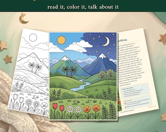 Könnte beinhalten: Ein Buch mit dem Titel One Quran Story Every Night mit 95 Seiten und 30 Geschichten. Das Cover zeigt eine farbige Landschaftsillustration mit Bergen, einem Fluss, Blumen, einer Sonne und einem Mond sowie eine schwarz-weiße Malvorlage.