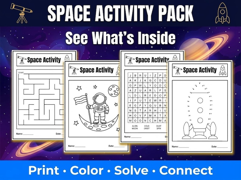 May include: A space-themed activity pack with four black and white activity sheets. The sheets include a maze, an astronaut illustration, a word search, and a connect-the-dots rocket. The text reads "Space Activity Pack" and "See What's Inside."