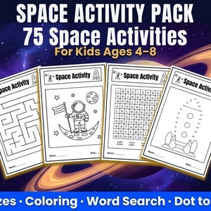May include: A children's space activity pack with 75 activities for ages 4-8. The pack includes mazes, colouring pages, word searches, and dot-to-dot puzzles. The cover displays the text "SPACE ACTIVITY PACK" and "75 Space Activities".
