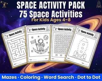 Könnte beinhalten: Ein Weltraum-Aktivitätspaket für Kinder im Alter von 4-8 Jahren mit 75 Aktivitäten. Das Paket enthält Labyrinthe, Malvorlagen, Wortsuchrätsel und Punkt-zu-Punkt-Puzzles. Der Text "SPACE ACTIVITY PACK" ist auf dem Cover zu sehen.