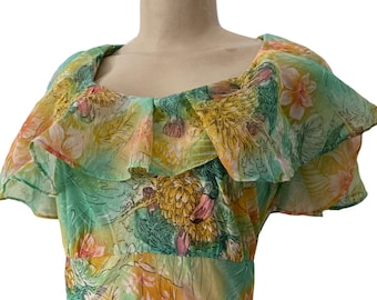 vintage ruffle top dress, long and flowy pastel maxi dress by Montgomery Ward with floral and bird print
