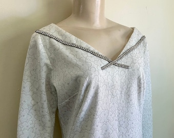 vintage silver and white dress, glittery holiday dress with jewels, homemade cocktail dress 1960s, mad men dress
