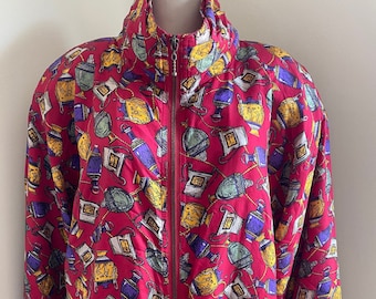 vintage 90s silky bomber jacket, made of 100% silk, size large, red coat with all over print of urns/vessels, pottery pattern, shoudler pads