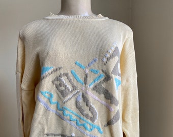 vintage sweater, pale yellow sweater, 80s sweater, pastel sweater with abstract design by Tail