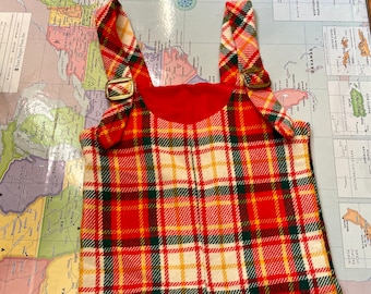 vintage kids plaid overalls, plaid bibs, 70s christmas photo outfit, size 4 plaid pants, wooly pants
