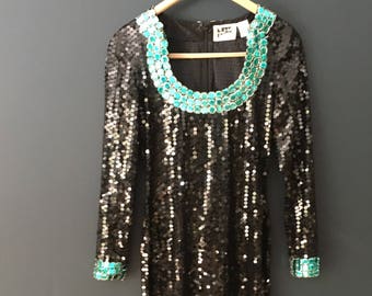 little black dress, sequined dress, size 4, black and teal, beaded dress, 1920s dress, 1920s style dress, vintage dress, mini dress, 90s