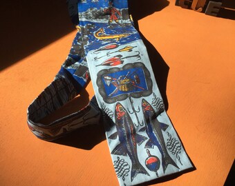 fishing tie, rooster tie, tie with fish, tie for fisherman, outdoorsman tie, fish necktie, fish tie, square end tie, vintage fishing tie
