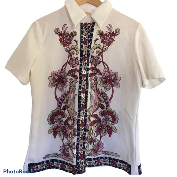 Vintage 70s polyester shirt, short sleeve polyest… - image 1
