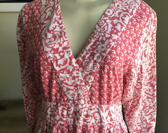 vintage pink and white adini dress, cotton indian block print, long 70s maxi dress kaftan, size medium