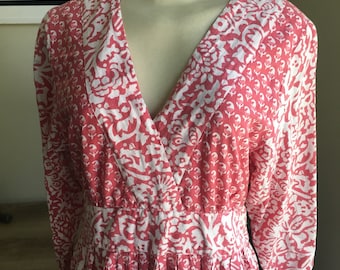 vestido vintage rosa y blanco adini, estampado de bloque indio de algodón, vestido maxi largo de los años 70 caftan, tamaño mediano