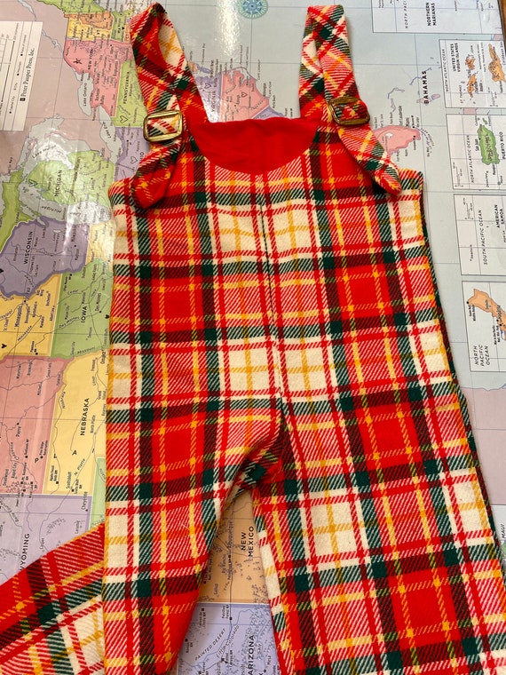 vintage kids plaid overalls, plaid bibs, 70s chri… - image 1