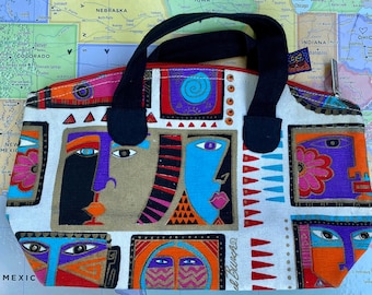 bolsa de abedul de laurel vintage, bolso de espiga global, bolso mundial de los años 90 impresión mundillo, caras impresión, bolso pequeño de la década de 1990