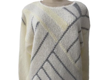 vintage 80s sweater, pale yellow white and silver, metallic sweater, abstract pattern, 90s sweater mj carroll sweater, size large