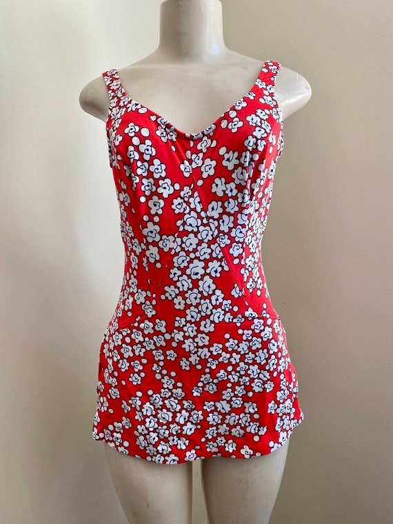 vintage swim suit, floral swim suit, red and white
