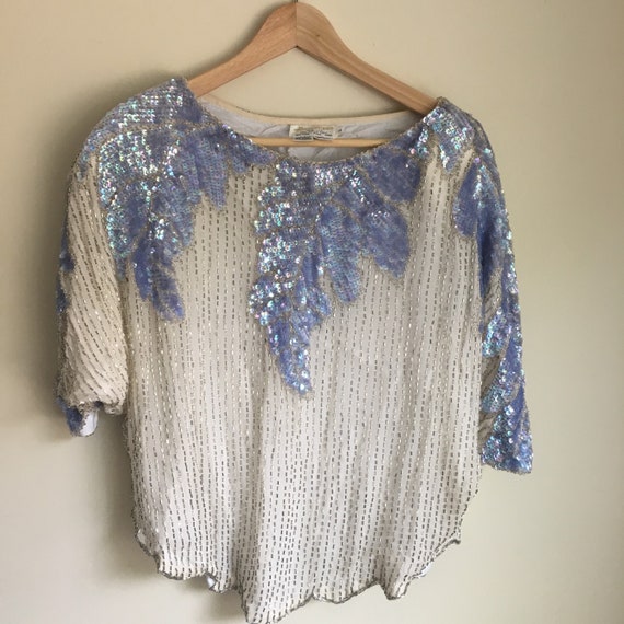 sequin top, sequin crop top, white and blue sequin