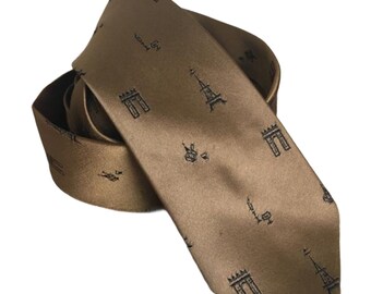 vintage rhodia tie with paris scenes, dark bronze acetate with black stitching, eiffel tower, france tie