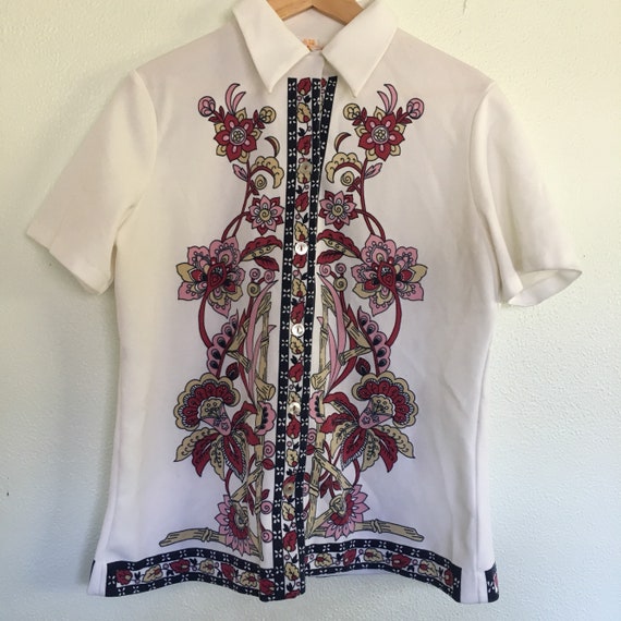 Vintage 70s polyester shirt, short sleeve polyest… - image 5