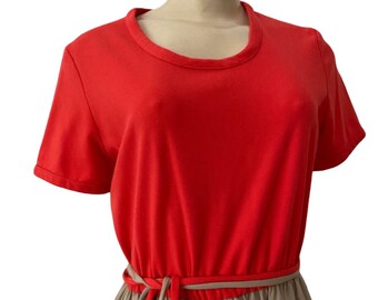 vintage 80s dress with belt with coral top and taupe skirt, wooden buttons