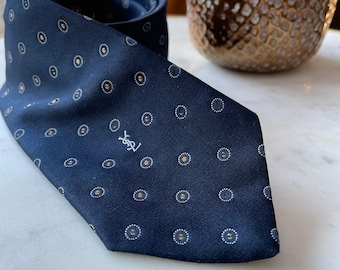 vintage YSL necktie, yves st laurent tie 70s 80s navy with pattern, designer tie