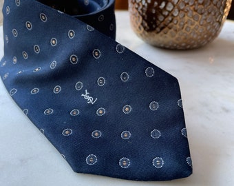 vintage YSL necktie, yves st laurent tie 70s 80s navy with pattern, designer tie