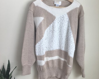 vintage angora sweater, fuzzy with geometric print and triangles sweater, tan and white, size large
