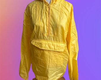 Vintage Lord and Taylor yellow jacket pullover 1/2 zip, sheer raincoat hooded