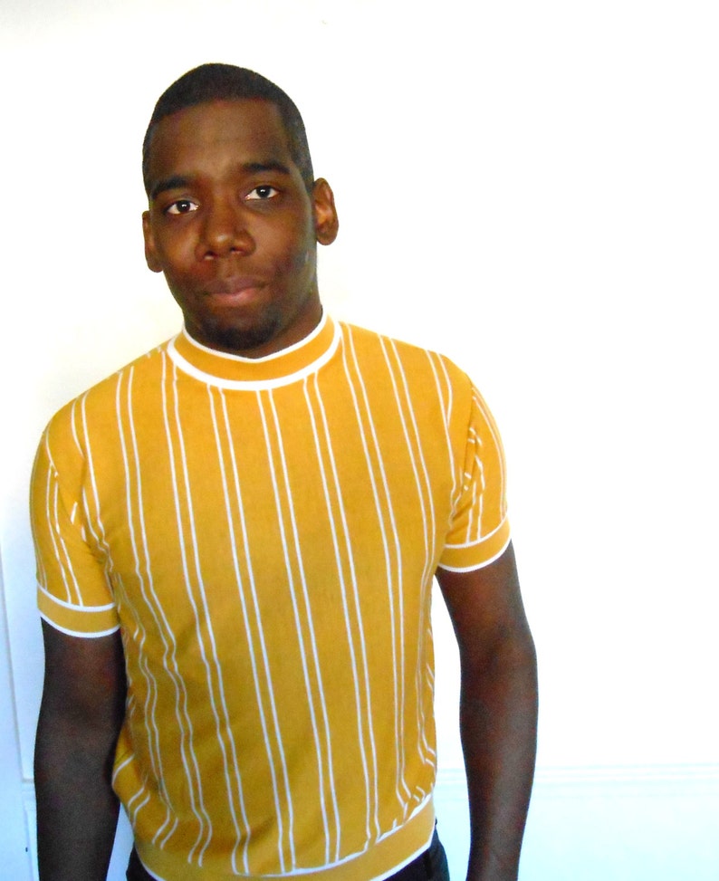 MENS mock turtleneck SHORT SLEEVE mustard and white stripe Etsy