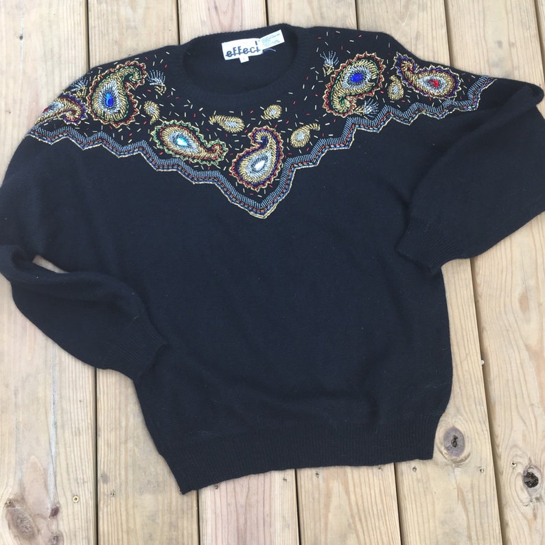 80s sweater, beaded sweater, beaded yoke, angora sweater, lambswool sweater, 1980s sweater, tacky sweater, black vintage sweater, beaded image 1