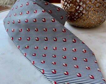 Vintage Pierre Cardin Blue & White Striped Silk Necktie with Rose Detail Couture Elegance for the Modern person