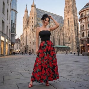 strapless open back dress Kara Floral Swing Dress in Dark Red main image 0