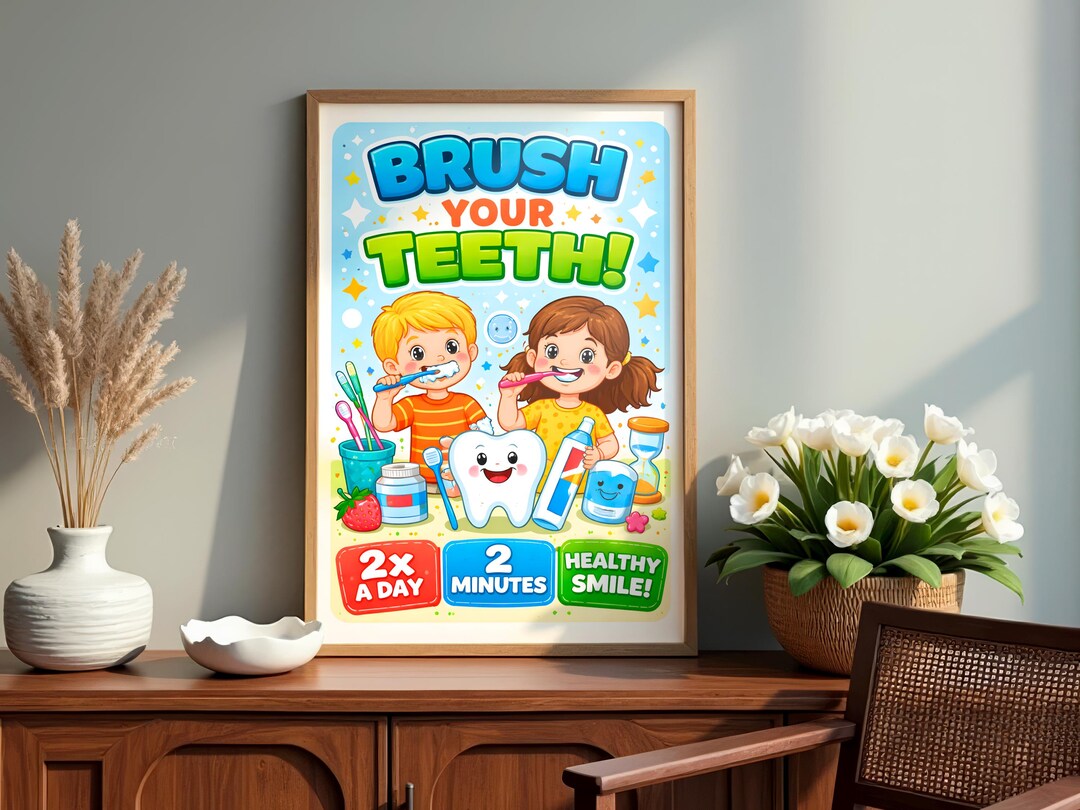 Brush Your Teeth Poster – Kids Bathroom Decor, Educational Dental ...