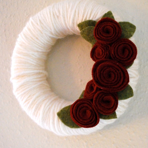 RESERVED Small Rosette Holiday Yarn Wreath (Burgundy, Green, Cream)