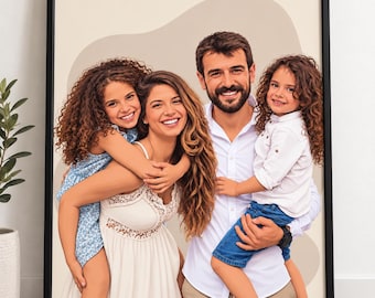 May include: A framed portrait featuring a family of four. A person with long wavy hair wears a white dress with lace detail, carrying a child in a blue patterned dress. Beside them, a person with a beard in a white shirt holds a child in a white shirt.
