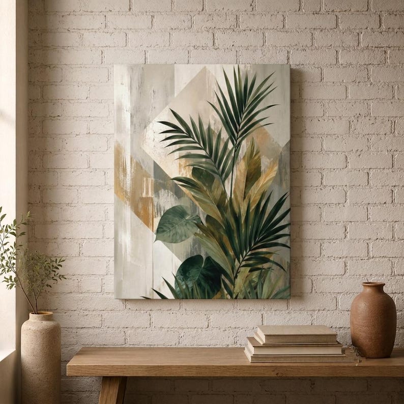 Tropical Palm Leaf Canvas Print, Botanical Geometric Wall Art, Neutral Boho Decor image 4