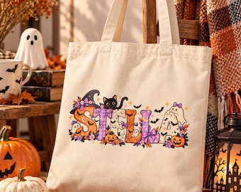 Personalized Halloween Canvas Tote | Spooky Name Design, 12 oz Cotton Bag