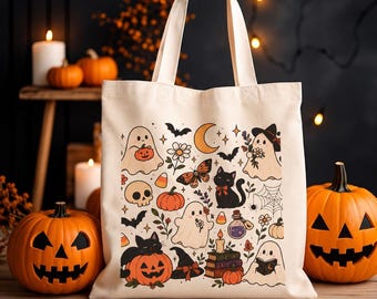 Halloween Canvas Tote Bag | Ghosts, Cats, Pumpkins (15" x 16")