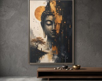 May include: A rectangular wall art print featuring a large Buddha face in shades of black, white, and gold. The composition includes a golden sun, a small tree, a silhouette of a person, and a body of water. Vertical gold brushstrokes accent the right side of the face, and small black birds fly in the background.
