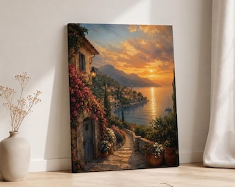 May include: A rectangular canvas print depicting a coastal Mediterranean village at sunset. The scene features a stone building covered in pink bougainvillea, a cobblestone path leading toward the sea, distant mountains, and a golden sky.