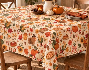 Thanksgiving Tablecloth, Cute Autumn Harvest Table Cover, Pumpkin and Turkey Fall Table Decor, Thanksgiving Dinner Party Decoration