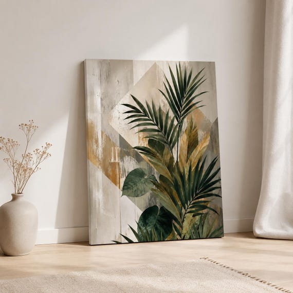 Tropical Palm Leaf Canvas Print, Botanical Wall Art, Green Leaf Wall Decor, Boho Canvas Art, Neutral Living Room Decor, Nature Wall Art