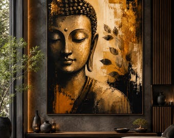 May include: A large rectangular wall art piece featuring a stylized portrait of a Buddha in shades of gold, black, and cream. The artwork displays a serene face with closed eyes and a small bindi, accented by a delicate branch with leaves.