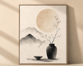 May include: A framed wall art print featuring a watercolor-style landscape with a large beige sun, layered gray mountain silhouettes, a dark gray vase containing a thin branch with small buds, and a small matching bowl on a flat surface.