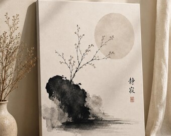 May include: Canvas art print featuring a minimalist Japanese-style landscape. The artwork depicts a black rock formation with a small tree, a soft beige sun, and Japanese characters. The color palette is primarily black, white, and beige.