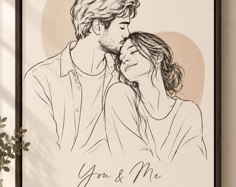 May include: A framed wall art print featuring a black line drawing of a couple, with the person on the left kissing the forehead of the person on the right. The background has soft beige shapes. Text reads: You & Me, ALWAYS A GOOD IDEA.