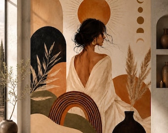 May include: A large wall art print featuring a person seen from the back, wearing a white garment. The artwork includes abstract shapes, a sun, moon phases, a rainbow, and foliage in shades of terracotta, beige, black, and muted green.