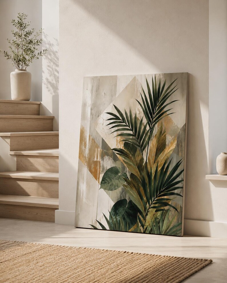 Tropical Palm Leaf Canvas Print, Botanical Geometric Wall Art, Neutral Boho Decor image 3