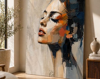 May include: A large rectangular canvas painting featuring a profile portrait of a face rendered in thick, textured impasto brushstrokes. The color palette includes shades of beige, cream, deep blue, black, and vibrant orange accents on the lips.