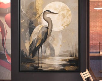 Heron Moon Canvas Print, Neutral Wildlife Wall Art, Coastal Living Decor